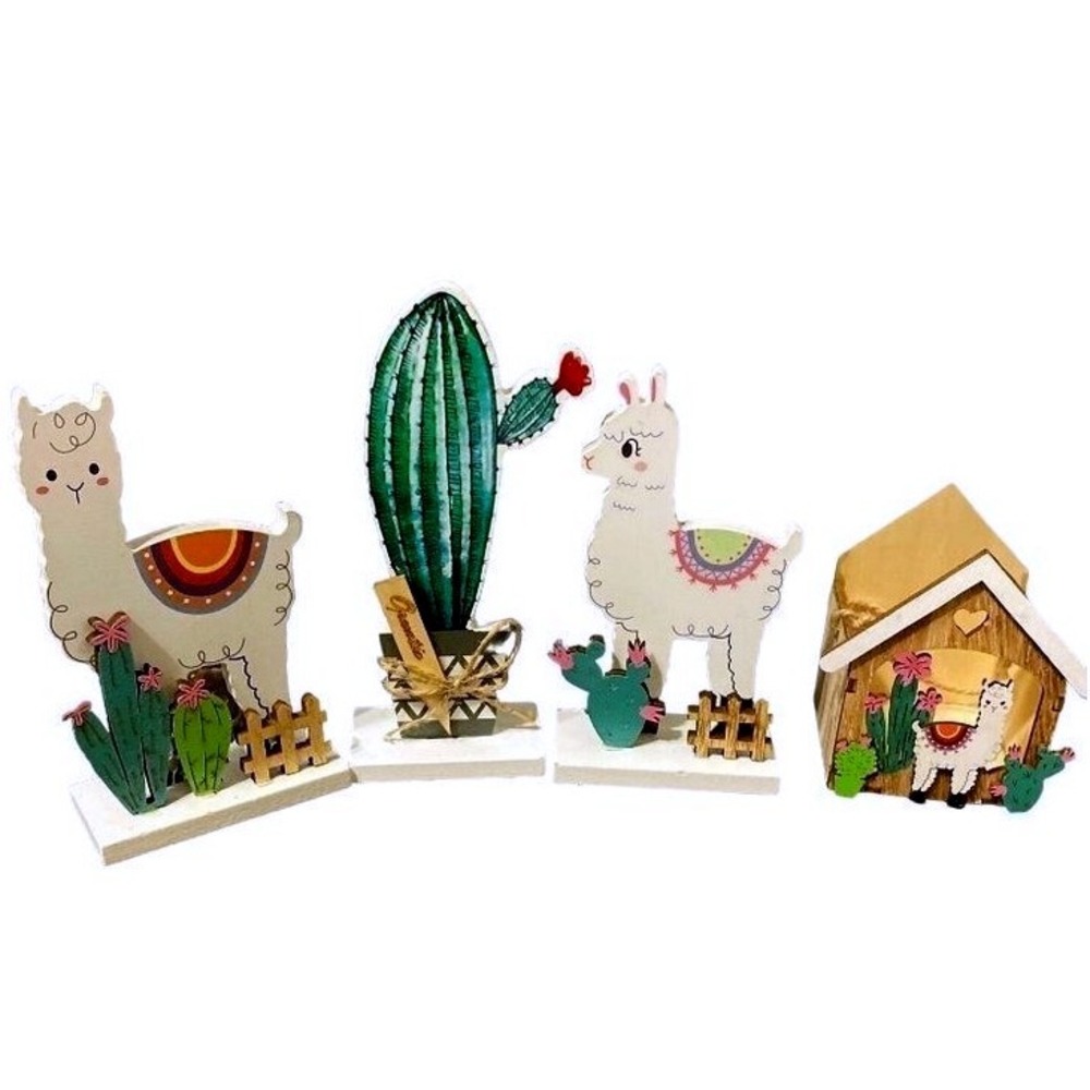 Adorable Llama Cactus Wooden Figurine Set Desert Southwestern‎ Home Decor